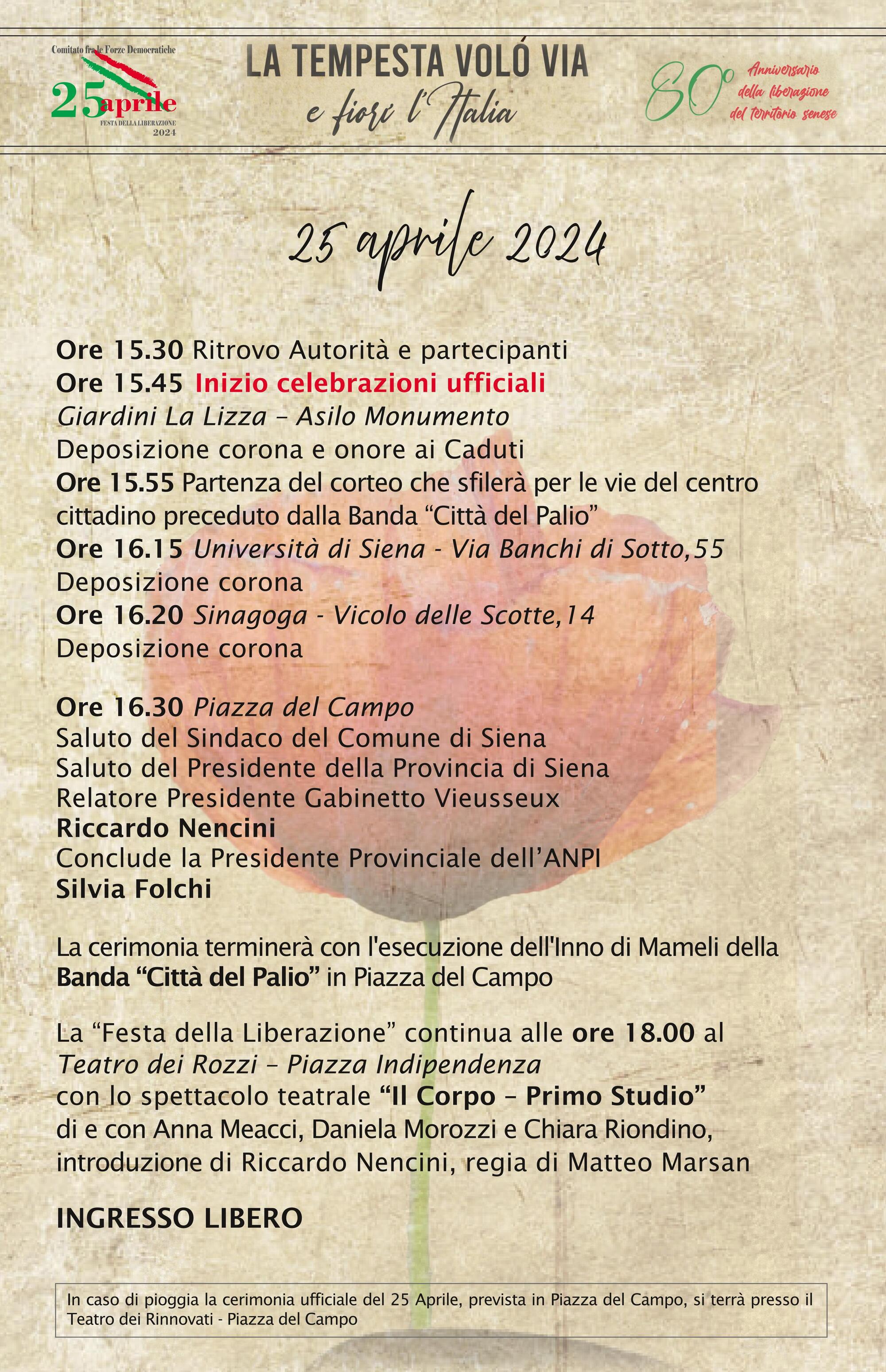 Programma celebrazioni ufficiali 25 Aprile 2024